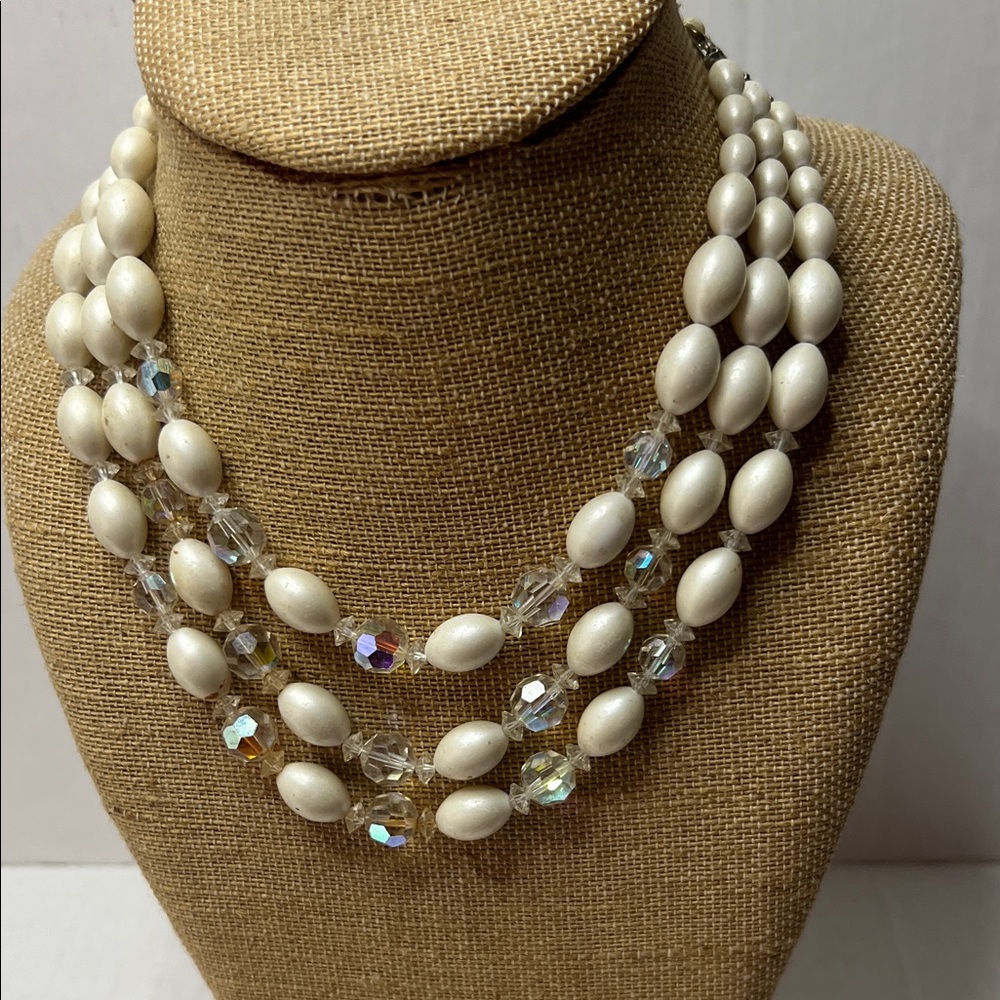 Vintage faux Pearl and Crystal Bead Necklace 3 strand